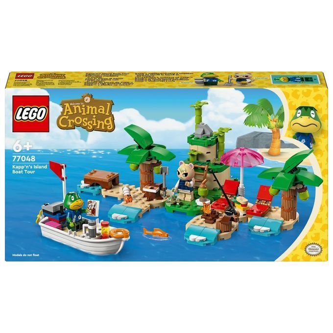 Set LEGO Animal Crossing 77048. La confezione mostra un'isola con palme, barche e personaggi. Il set include due personaggi ed è adatto a bambini dai 6 anni in su. Il logo LEGO e il titolo "Animal Crossing" sono ben visibili.