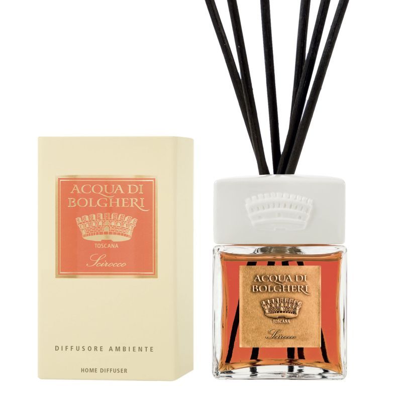 Raumduft mit Stäbchen. Rechteckiger Glasbehälter mit Flüssigkeit. Weiße Kappe mit Krone. Karton mit Logo und Schriftzug.