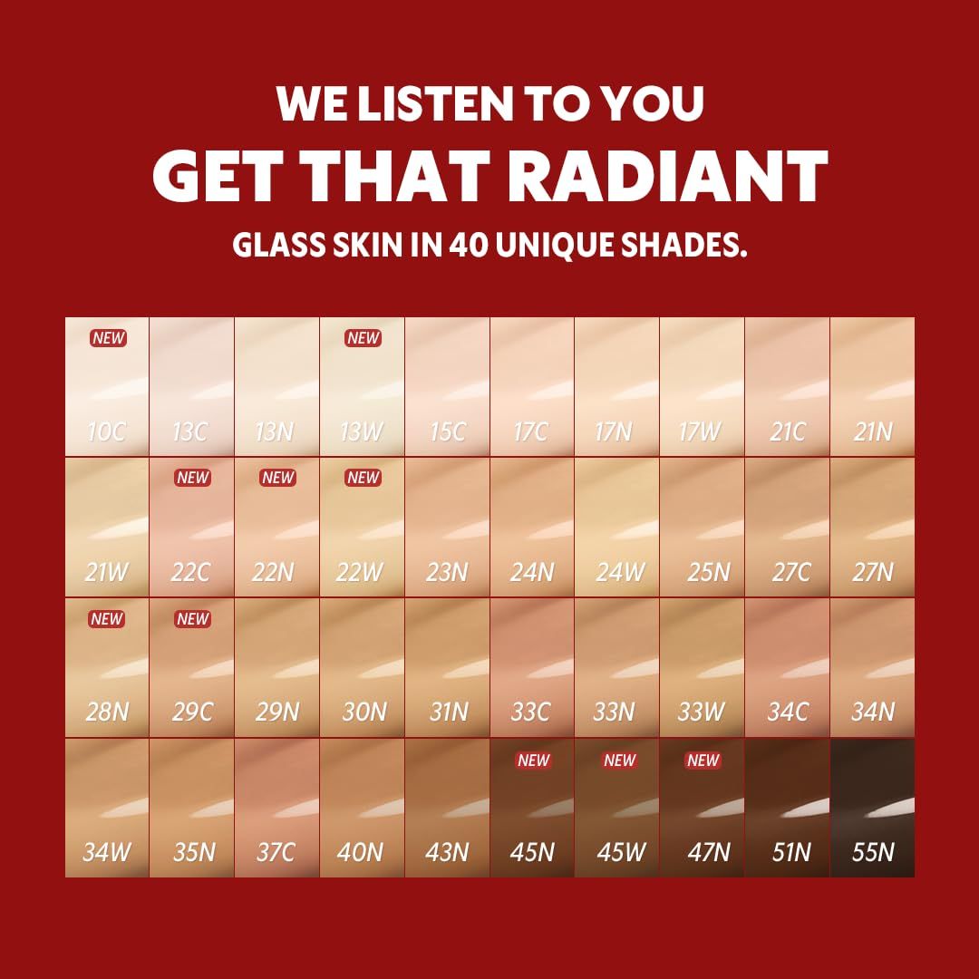 Farbpalette mit 40 Hauttönen. Text: 'WE LISTEN TO YOU GET THAT RADIANT GLASS SKIN IN 40 UNIQUE SHADES.'