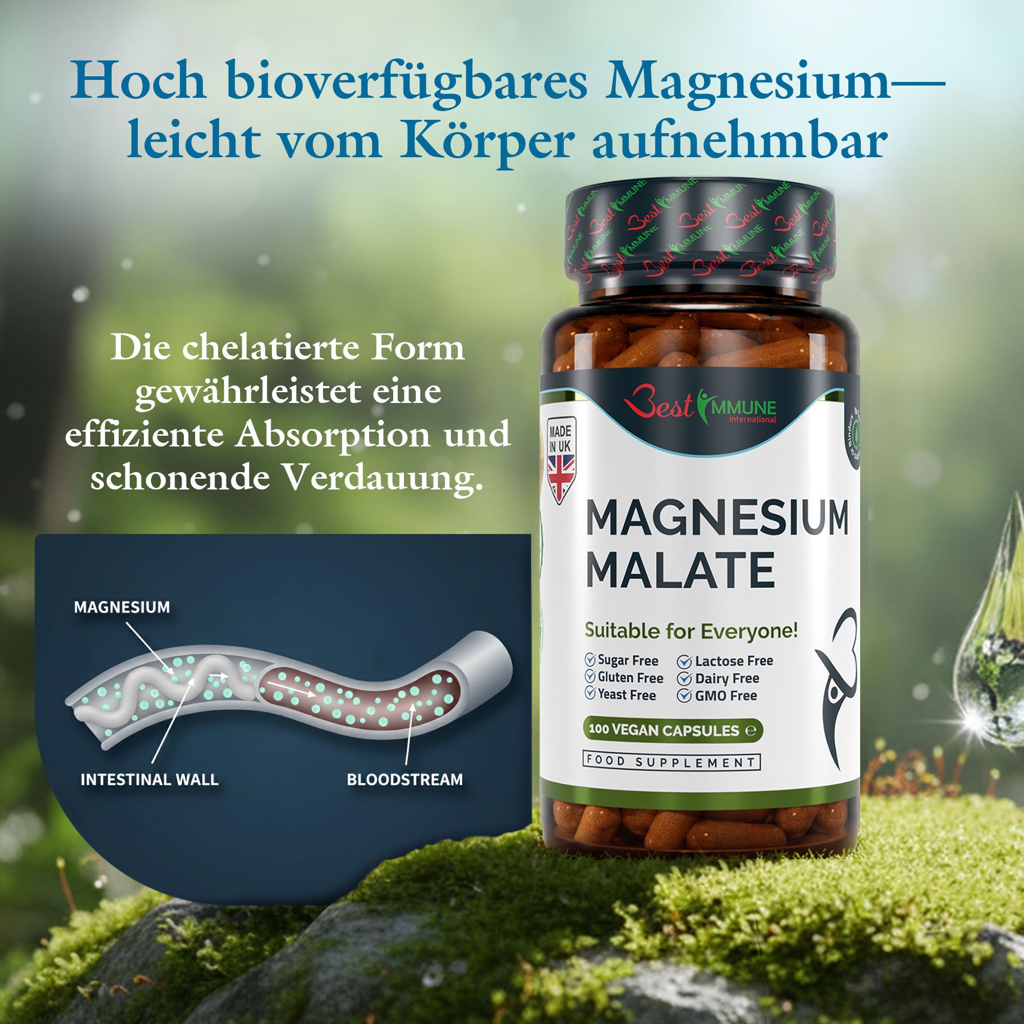 Flasche Magnesiummalat mit Darstellung der Aufnahme im Darm und Blutkreislauf. Hohe Bioverfügbarkeit.