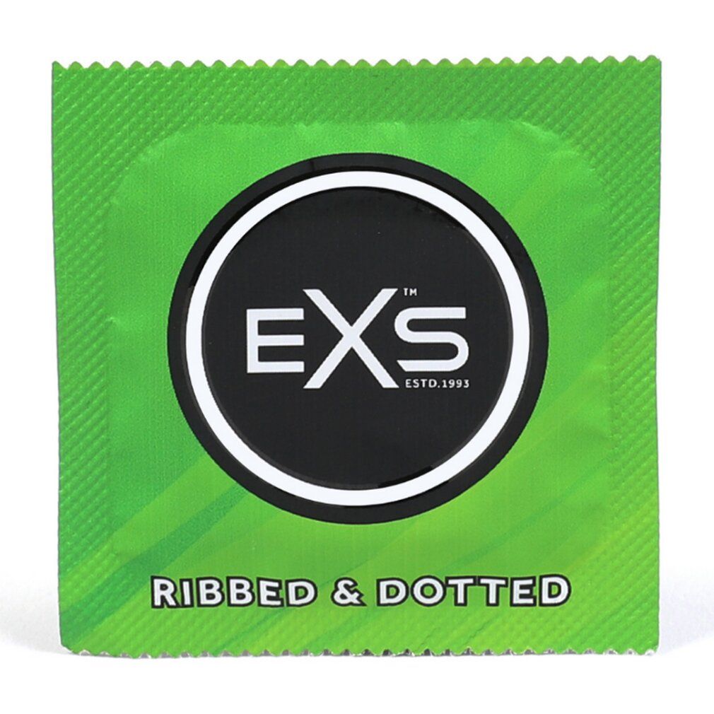 EXS Ribbed & Dotted Kondom-Verpackung mit Wellenrand.
