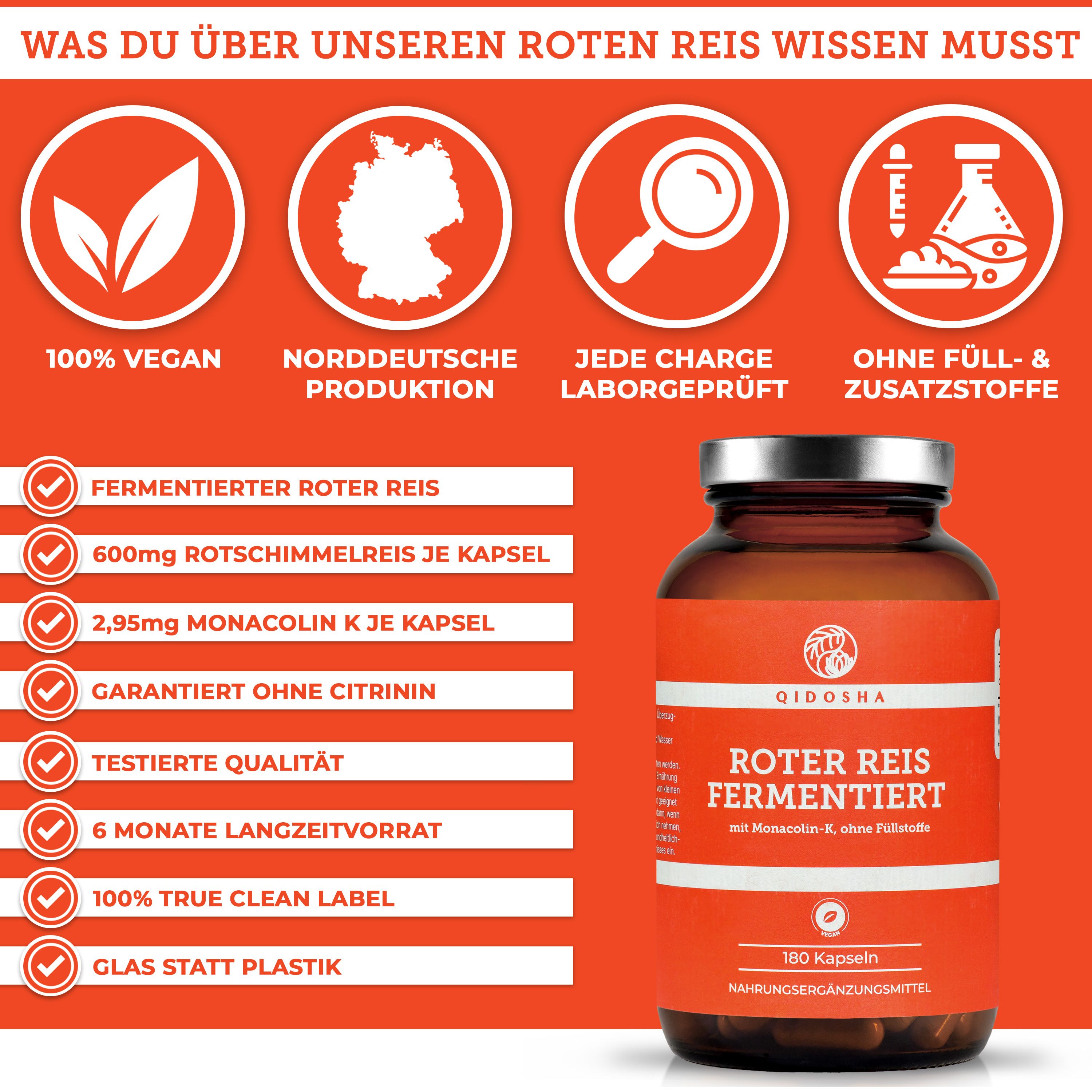 Rotes Layout mit Logos und Text. Eine Flasche Roter Reis. Icons: Vegan, norddeutsche Produktion, Laborgeprüft, ohne Zusatzstoffe.