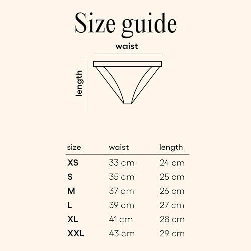 Größentabelle für die Yoni Culotte menstruelle. Größen XS bis XXL. Maße für Taille und Länge.