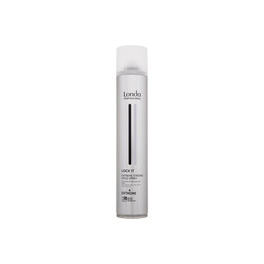 Haarspray-Dose. Silberfarben mit weißem Deckel. Schriftzug: Londa Professional, Lock It Extreme Strong Hold Spray, Extreme 4.