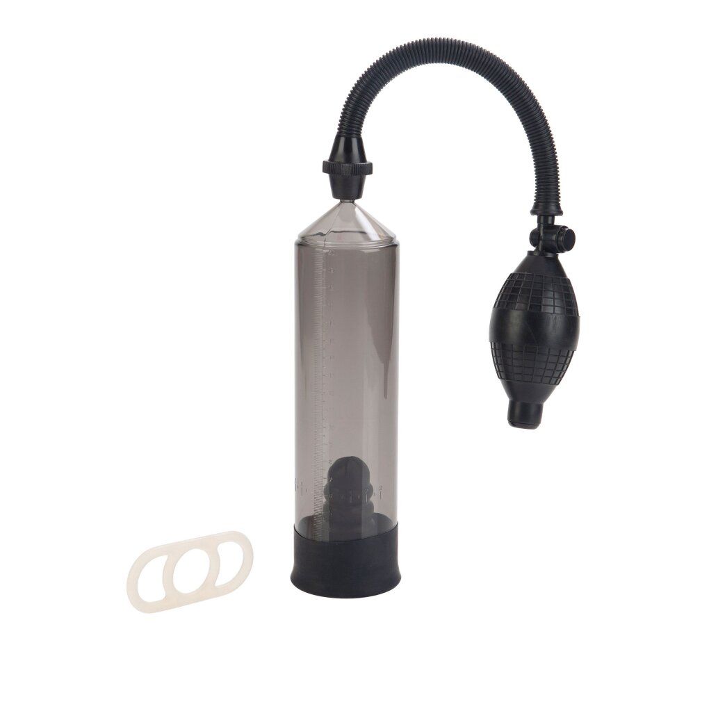 Zylindrische Pumpe mit Schlauch und Ball. Enthält einen Ring. Schwarze und transparente Elemente.