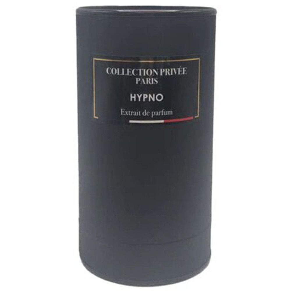 Zylindrische, schwarze Verpackung. Aufkleber mit "COLLECTION PRIVÉE PARIS", "HYPNO" und "Extrait de parfum".
