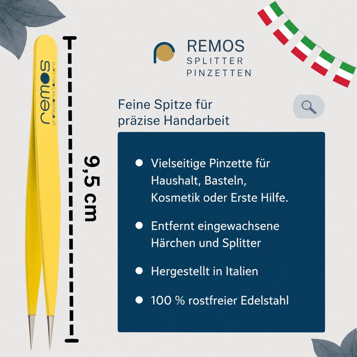 REMOS Splitterpinzette aus Edelstahl, 9,5 cm, gelb, feine Spitze.