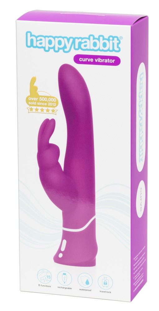 Verpackung mit lila Vibrator. Aufschrift 'happyrabbit curve vibrator'. Goldene Auszeichnung.