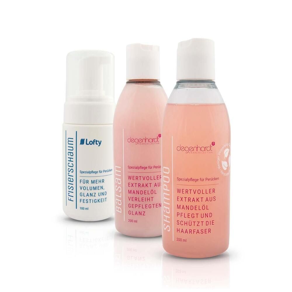 Drei Flaschen und eine Sprühflasche. Aufschrift: Lofty, Frisierschaum, Balsam, Shampoo. Rosa Flüssigkeit. Markenname: degenhardt.