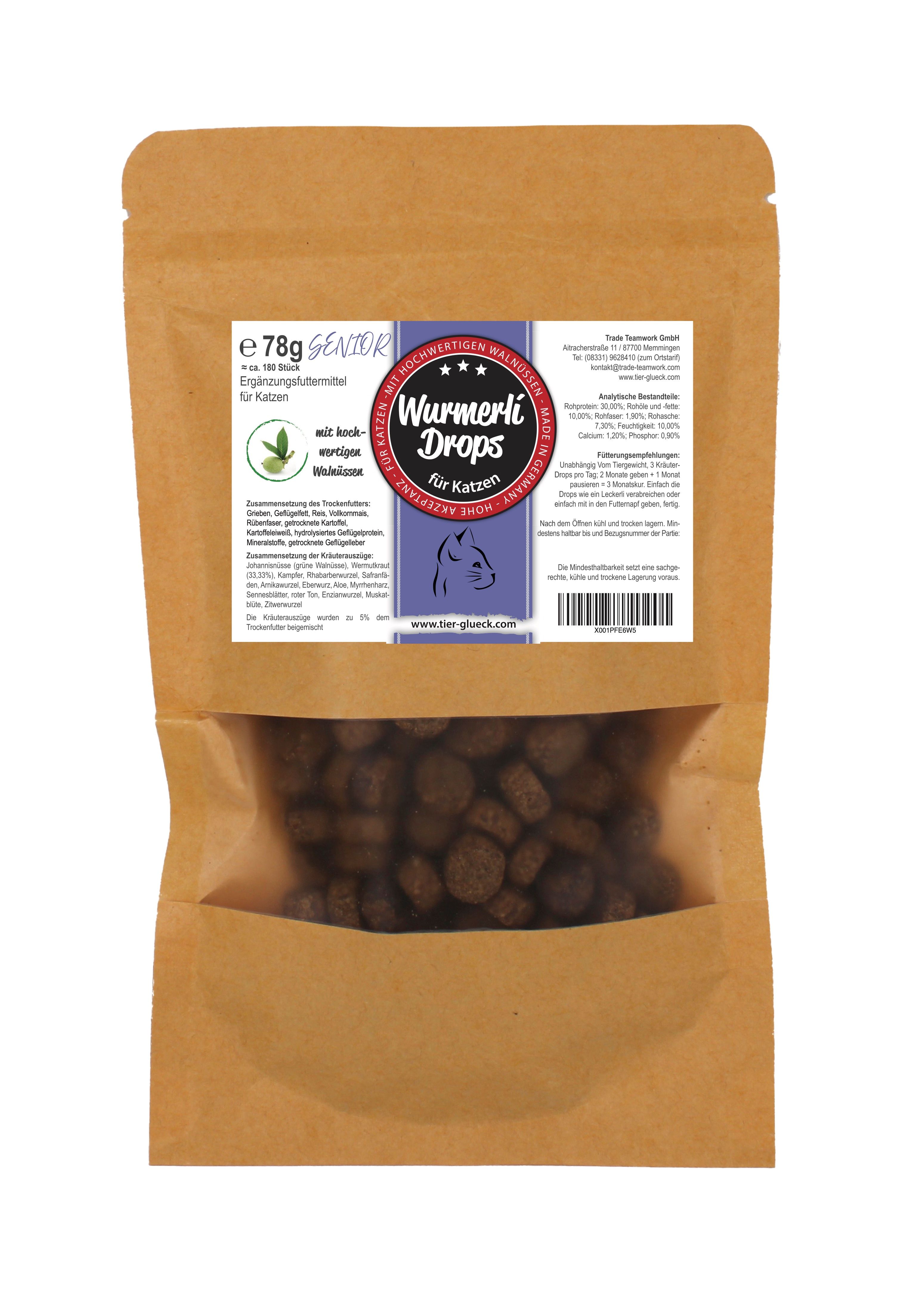 TierGlück Wurmerli Drops Senior – Katzen-Leckerlis mit Walnuss, Wermut & Angelika 78 g Futter