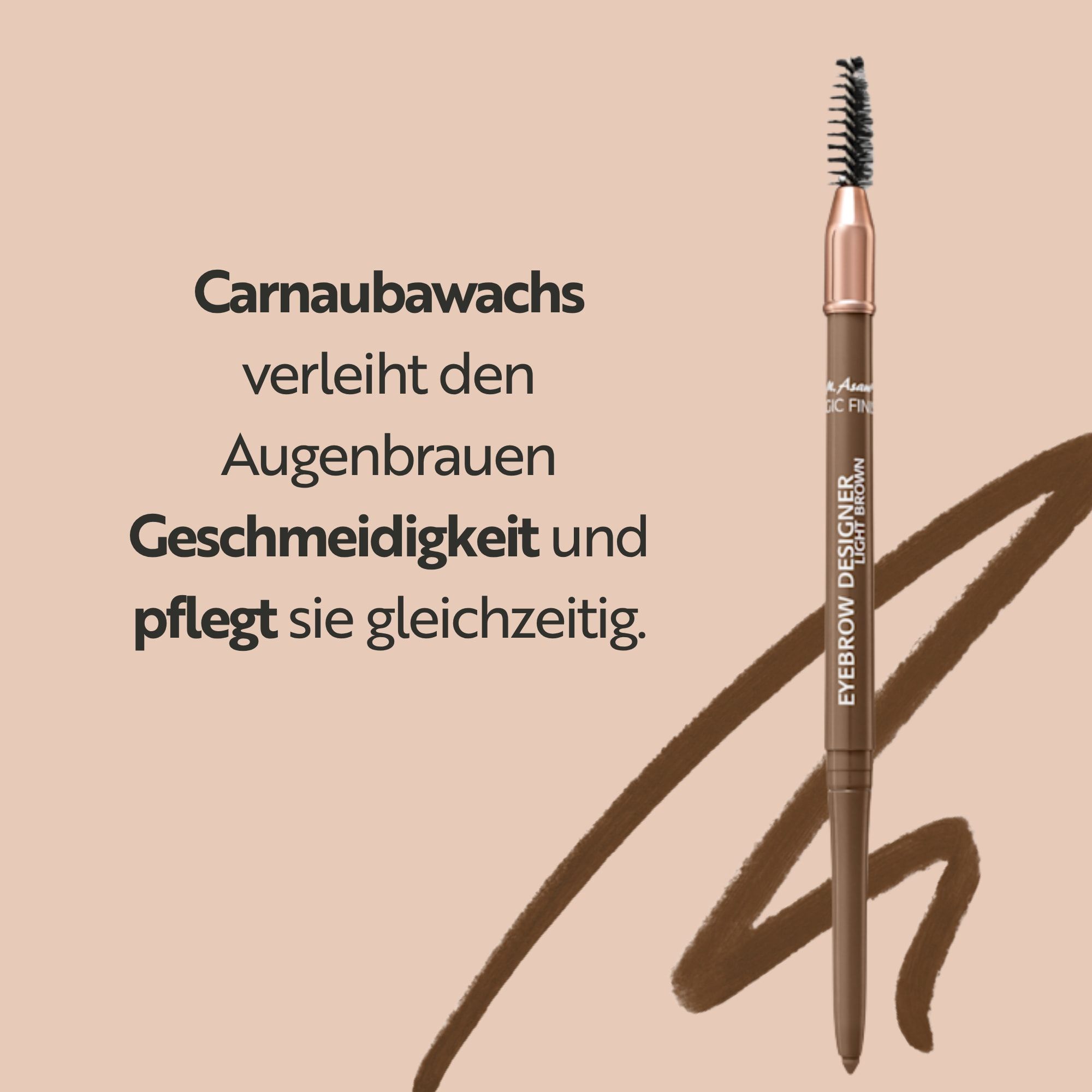 Augenbrauenstift mit Textangaben zu Carnaubawachs für Geschmeidigkeit und Pflege.