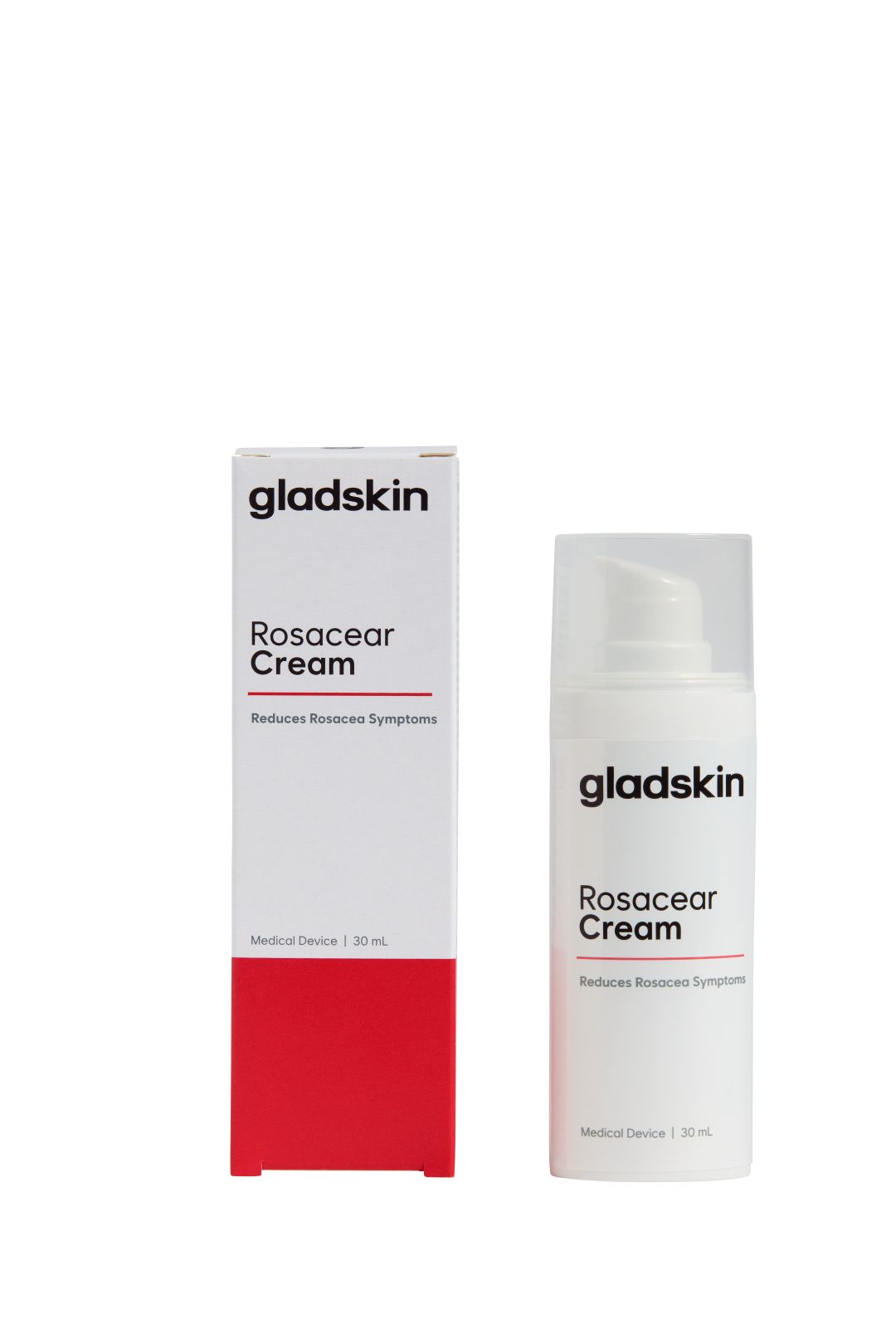 Produktverpackung und Flasche. Aufschrift: gladskin, Rosacear Cream, Reduziert Rosacea Symptome. Medizinprodukt. Weiße Verpackung.