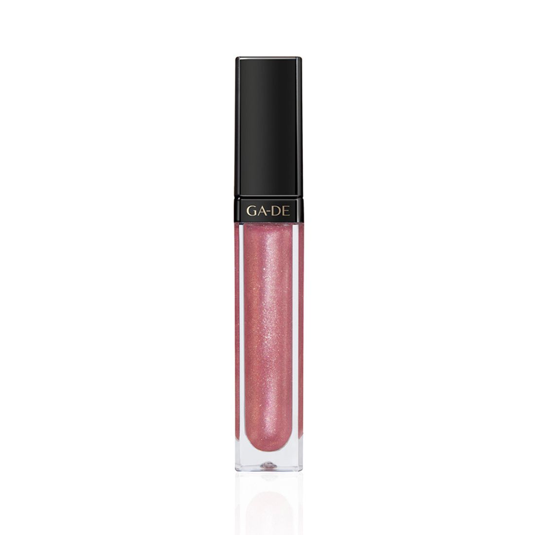 Ga-De Crystal Lights Lipgloss. Transparente Tube mit schwarzem Deckel. Rosa schimmernde Textur. Schriftzug "GA-DE".