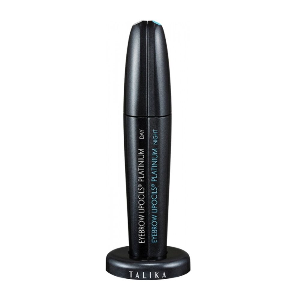 Talika Eyebrow Lipocils Platinum: Schwarzer Doppelapplikator mit silbernem Schriftzug auf einem Ständer.