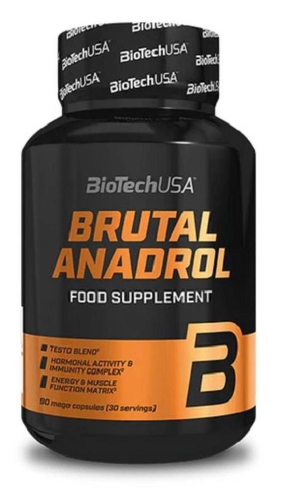 Schwarze Flasche mit orangefarbenem Etikett. Aufschrift: BRUTAL ANADROL, FOOD SUPPLEMENT. Marke: BioTechUSA. Enthält 90 Kapseln.