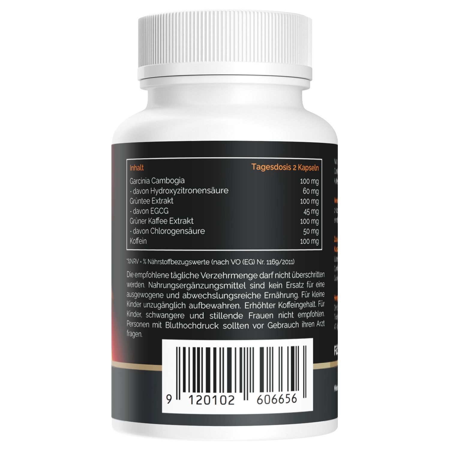 Rückseite einer weißen Kapsel-Dose. Schwarzes Etikett mit Inhaltsstoffen und Dosierung. Barcode unten.