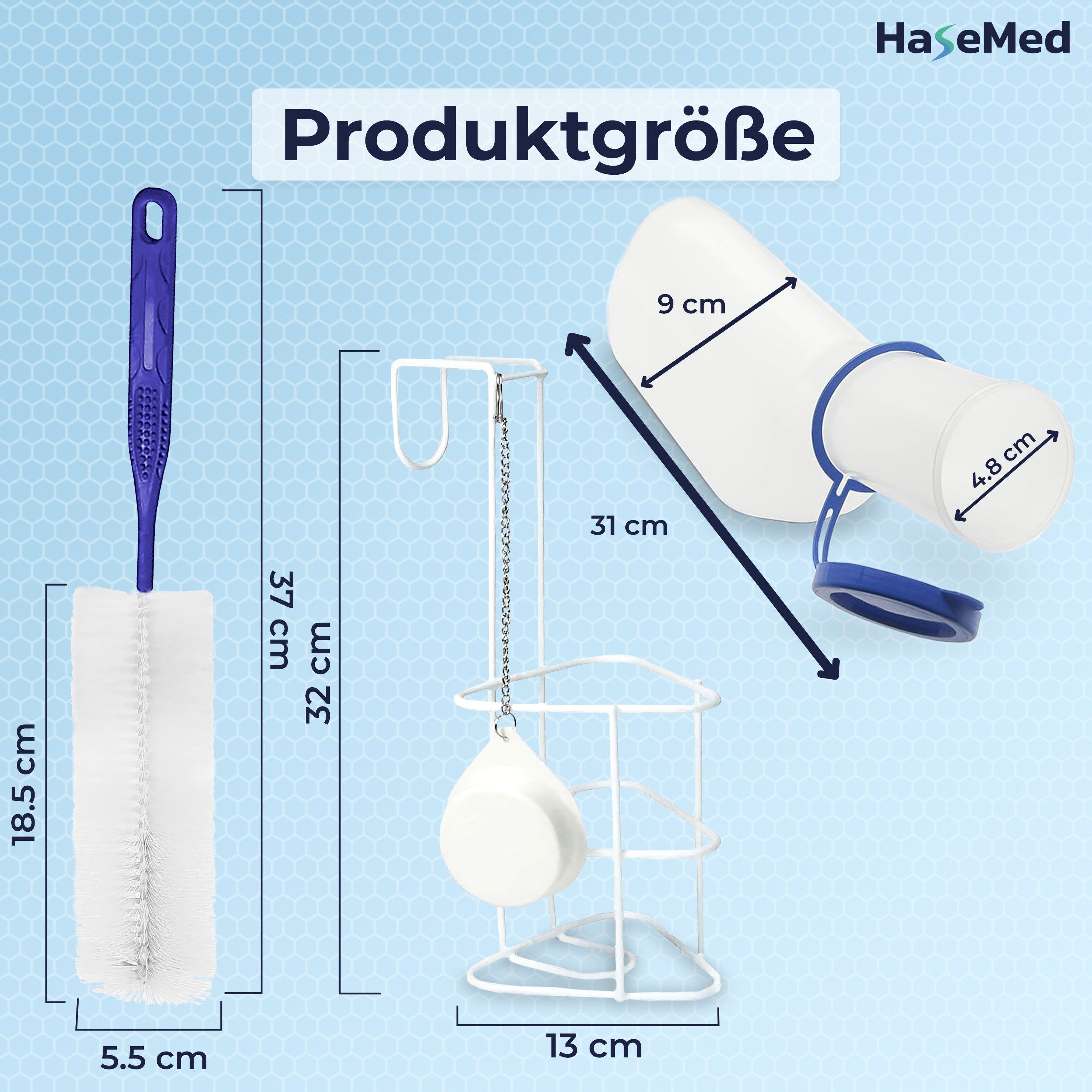Produktgrößen-Diagramm. Zeigt die Maße der Urinflasche, Bürste und Betthalterung. Die Urinflasche ist 31 cm lang, 9 cm breit und 4,8 cm hoch.