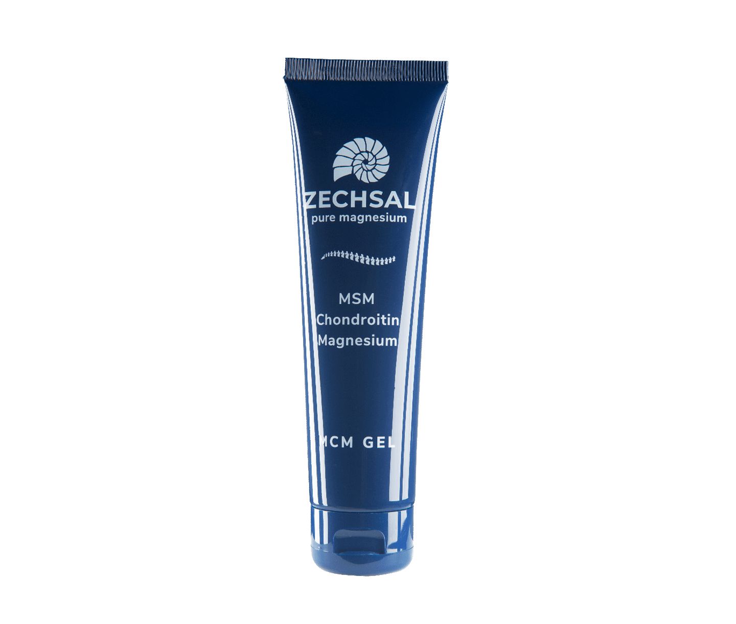 Dunkelblaue Tube mit weißer Schrift. Aufschrift: Zechsal, MSM, Chondroitin, Magnesium, MCM Gel.