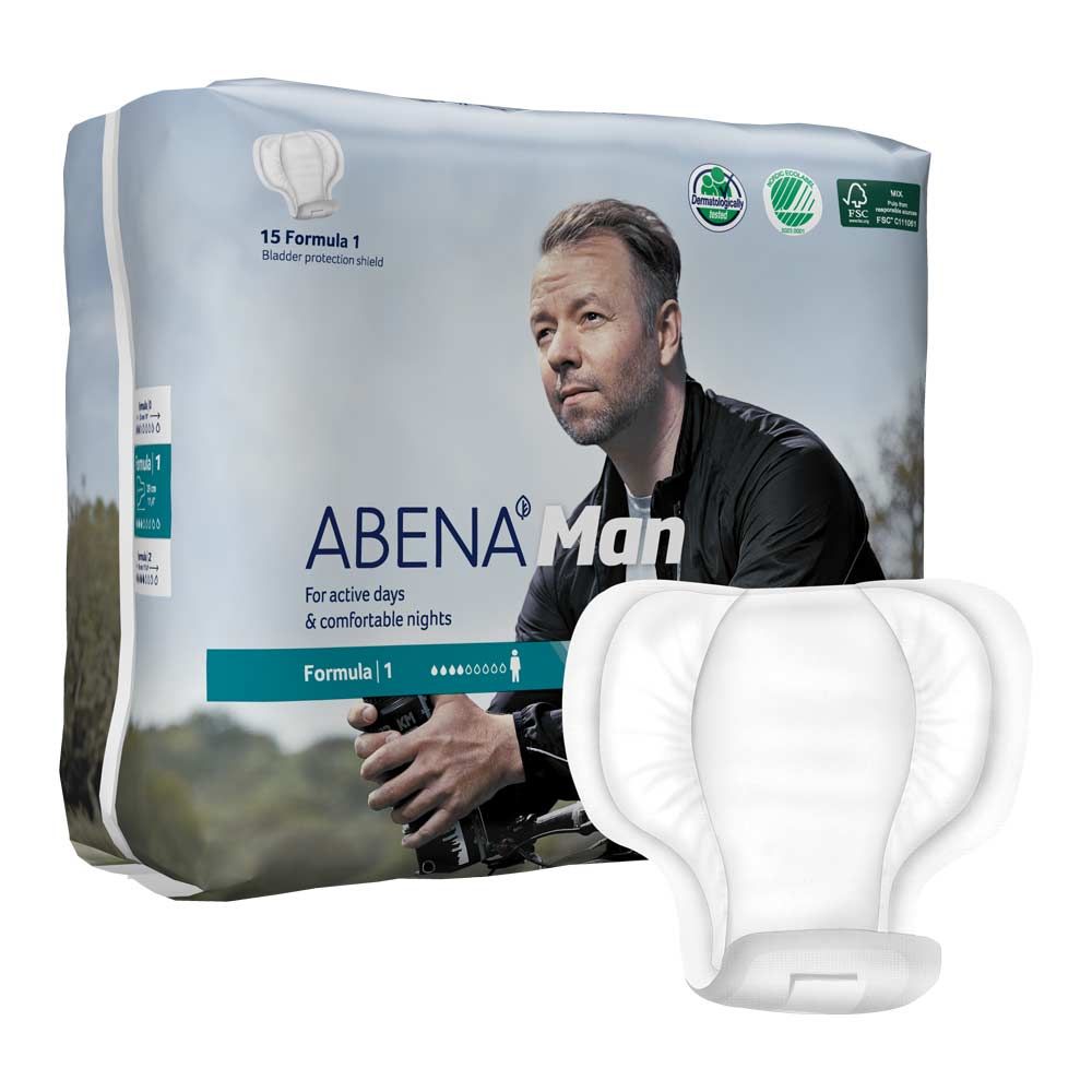 Abena Man Formula 1-Verpackung und Produkt. 15 Stück. Blaue Schutzschild. FSC-Zertifizierung. Weißes Produkt.