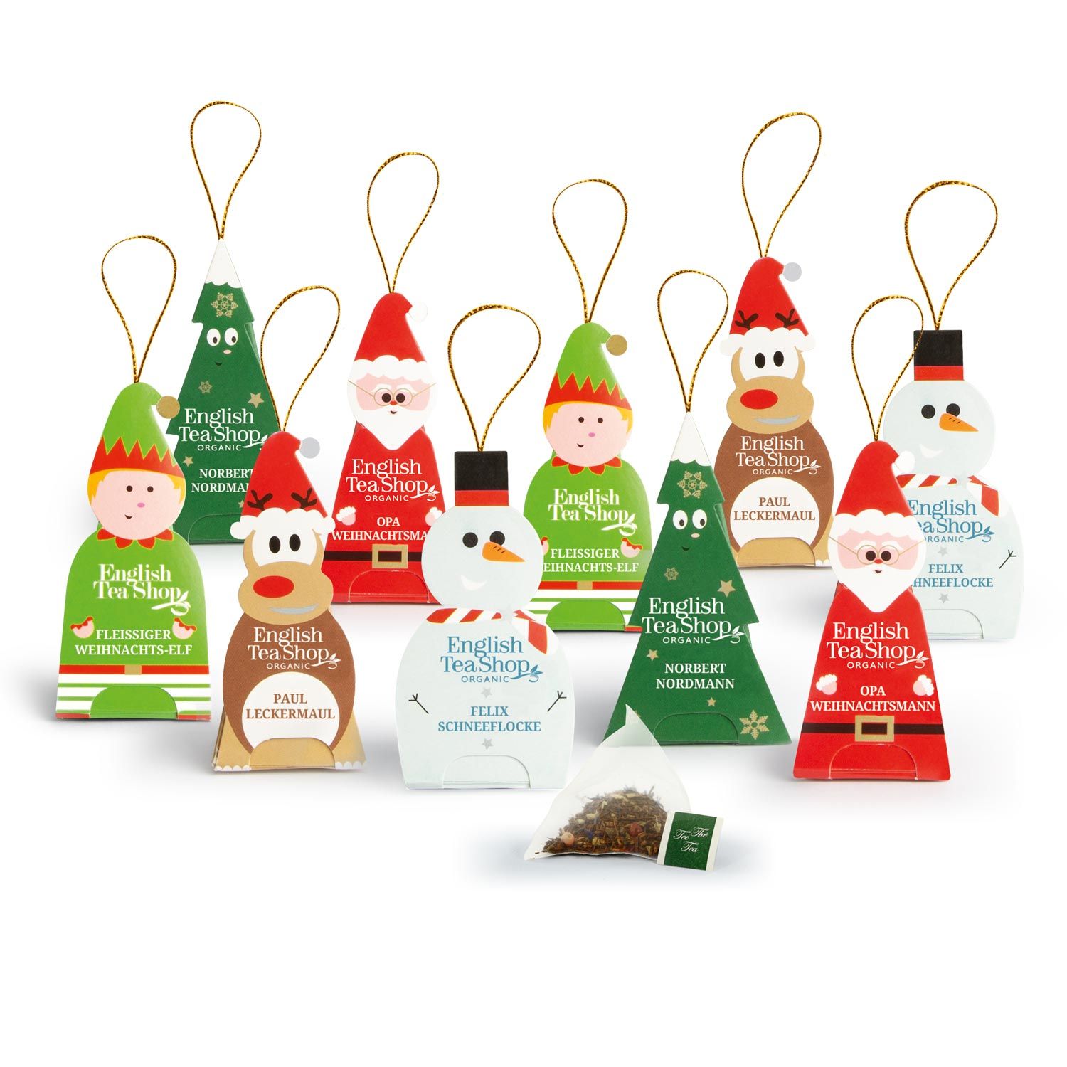 Zehn weihnachtliche Tee-Anhänger in verschiedenen Formen, darunter Schneemann, Rentier und Weihnachtsmann.