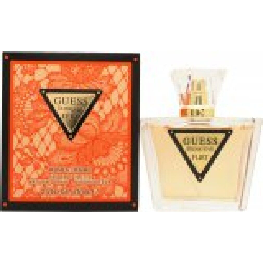 Parfümflakon und Verpackung. Flakon mit goldfarbenem Verschluss und Etikett. Verpackung orange mit schwarzem Rahmen und Logo.