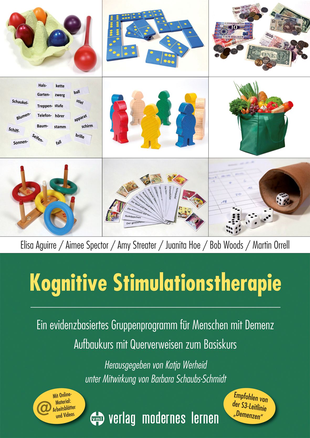 Buchcover: Kognitive Stimulationstherapie. Titel und Autoren. Grüner Hintergrund mit Logo und Empfehlung.