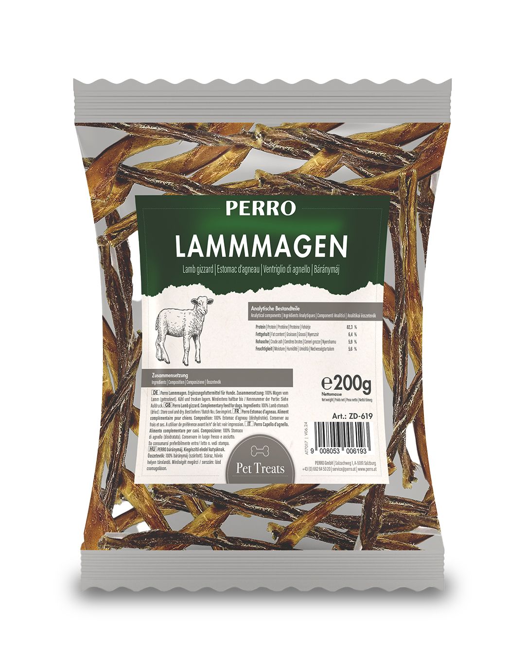 Verpackung mit PERRO Lammagen. Braune Kausnacks, umgeben von einer grünen Tafel mit Produktinformationen und einer Abbildung eines Schafes.
