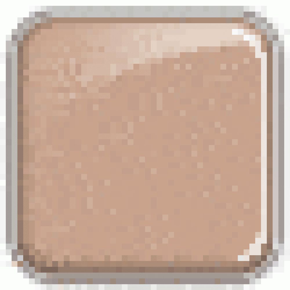 Quadratischer, beigefarbener Make-up-Block mit abgerundeten Ecken in einem silbernen Rahmen.