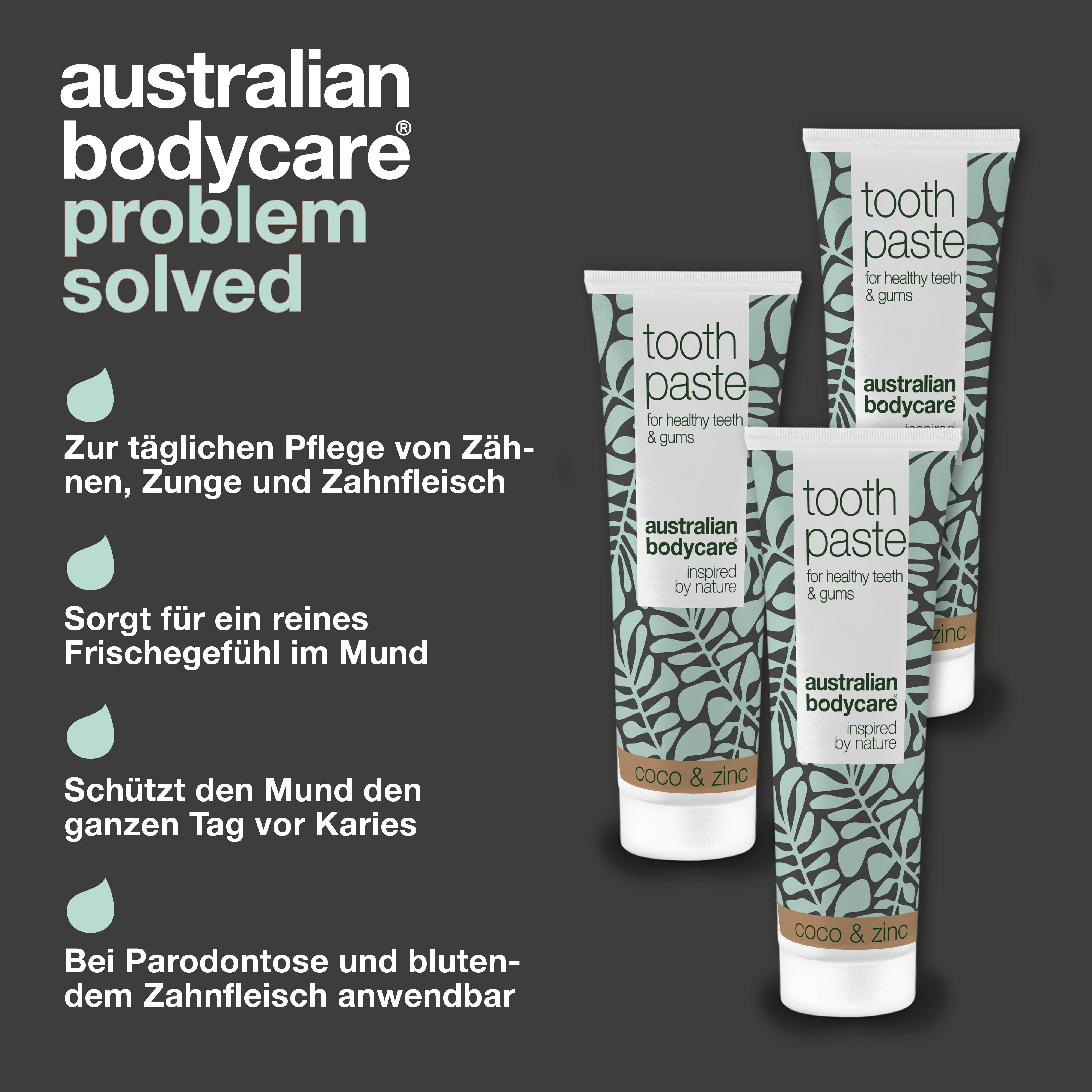 Problem-Lösung-Konzept. Drei Tuben Zahnpasta. Aufschrift: Australian Bodycare. Text: Für Zähne, Zunge und Zahnfleisch.