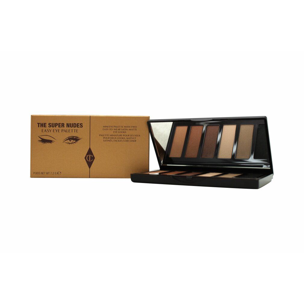 Lidschatten-Palette mit braunen Farbtönen. Schwarze Verpackung mit Spiegel. Aufschrift: THE SUPER NUDES EASY EYE PALETTE.