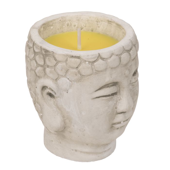 Kerze im Buddha-Topf. Grauer Topf in Buddha-Kopf-Form mit gelbem Wachs und Docht.