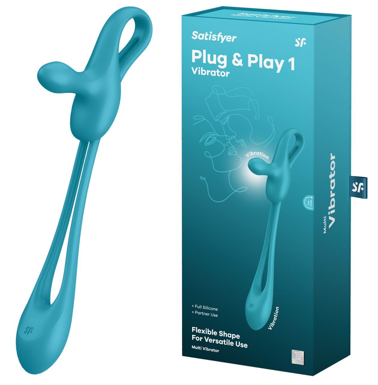 Blauer Vibrator mit flexiblem Schaft und abgerundetem Kopf. Verpackung mit Produktname und Logo.