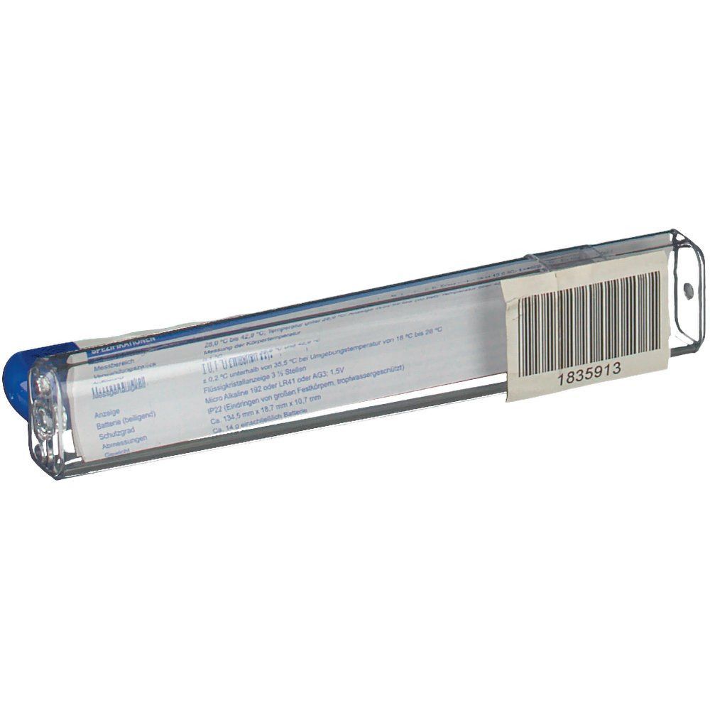 Transparente Schutzhülle mit Produktinformationen und Barcode-Etikett. Blaues Ende sichtbar.
