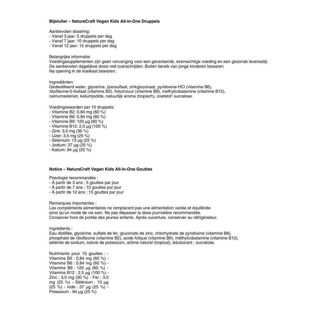 Notice avec informations sur les gouttes NatureCraft Vegan Kids All-in-One. Dosage, ingrédients, valeurs nutritionnelles.