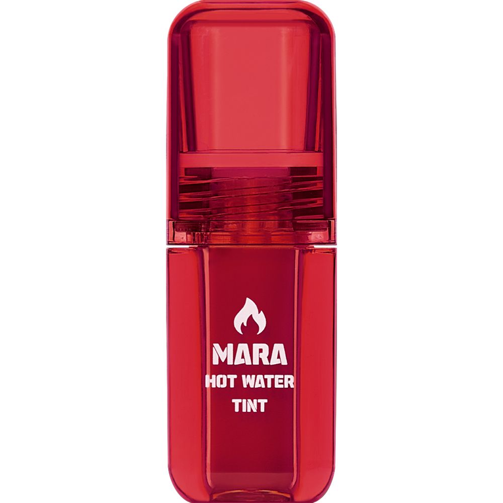 Roter Lip Tint-Behälter. MARA HOT WATER TINT-Logo. Flammen-Symbol. Deckel oben.