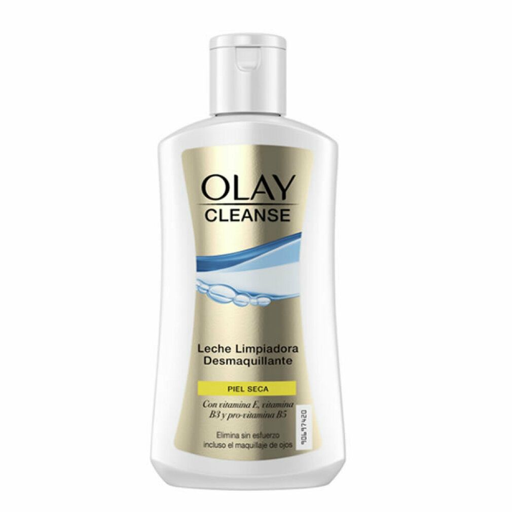 Weiße Flasche mit Olay Cleanse. Text: Leche Limpiadora Desmaquillante, für trockene Haut. Enthält Vitamin E, B3 und Pro-Vitamin B5.