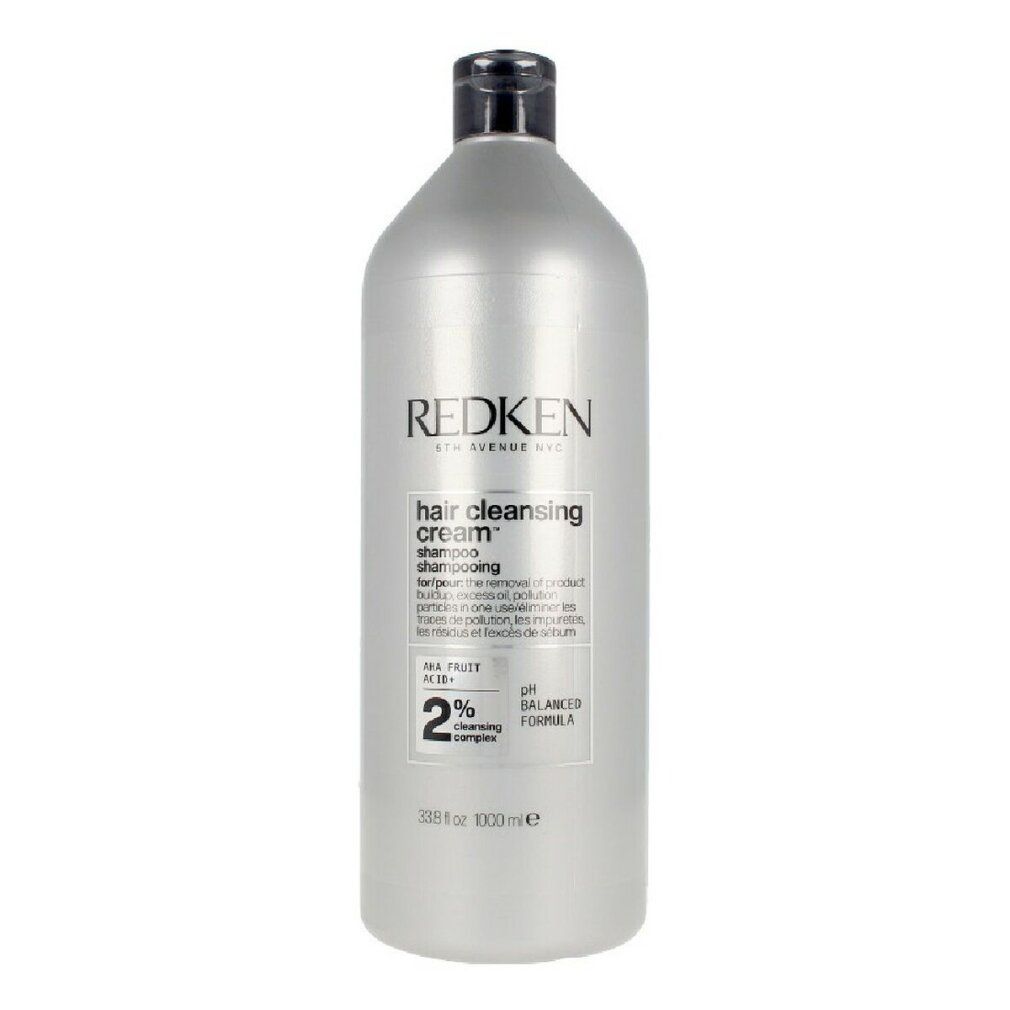 Redken Hair Cleansing Cream Shampoo, 1000ml Flasche. Silberfarben mit schwarzem Verschluss.