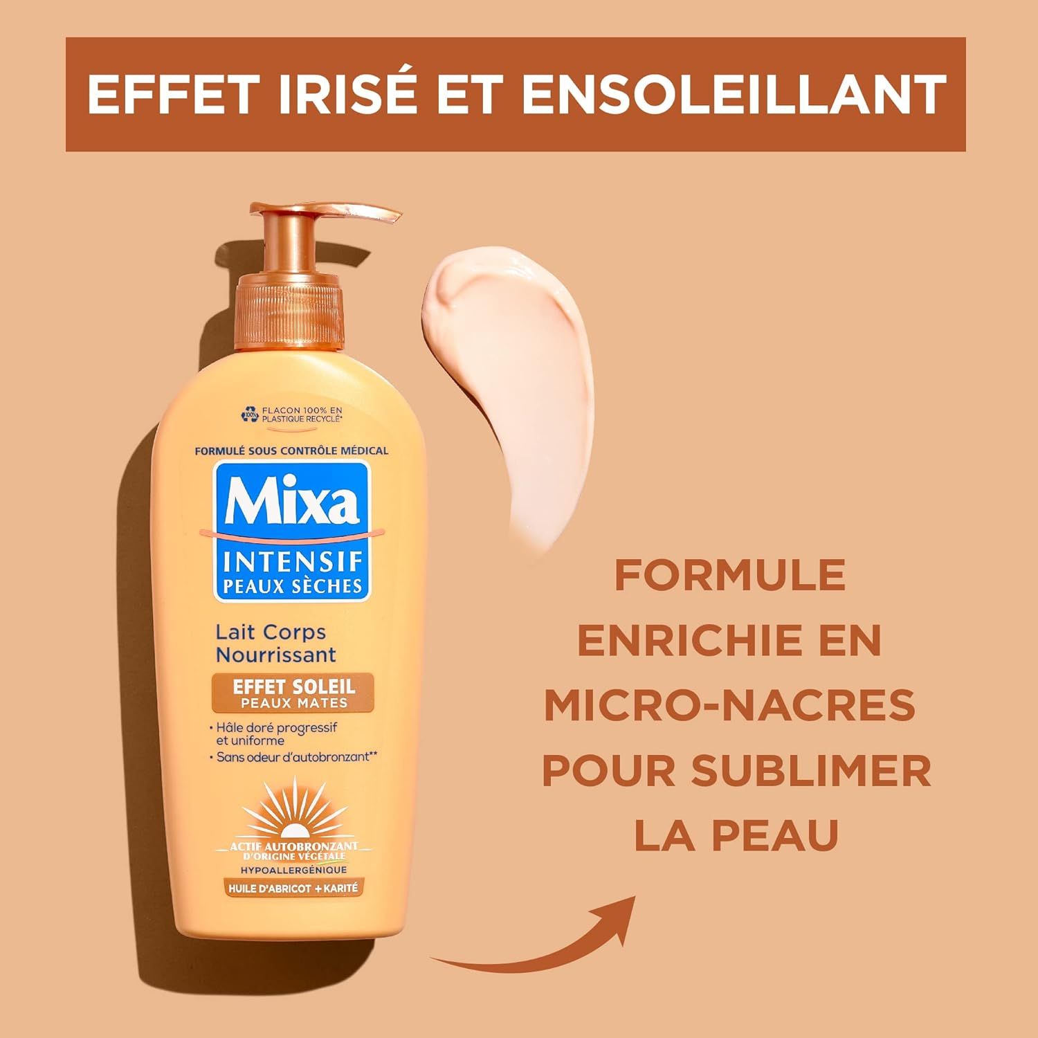 Gelbe Flasche mit Pumpe und Produktprobe. Text: MIXA Intensiv, Peaux Seches, Lait Corps Nourrissant, Effet Soleil Peaux Mates. Angereichert mit Mikroperlen.