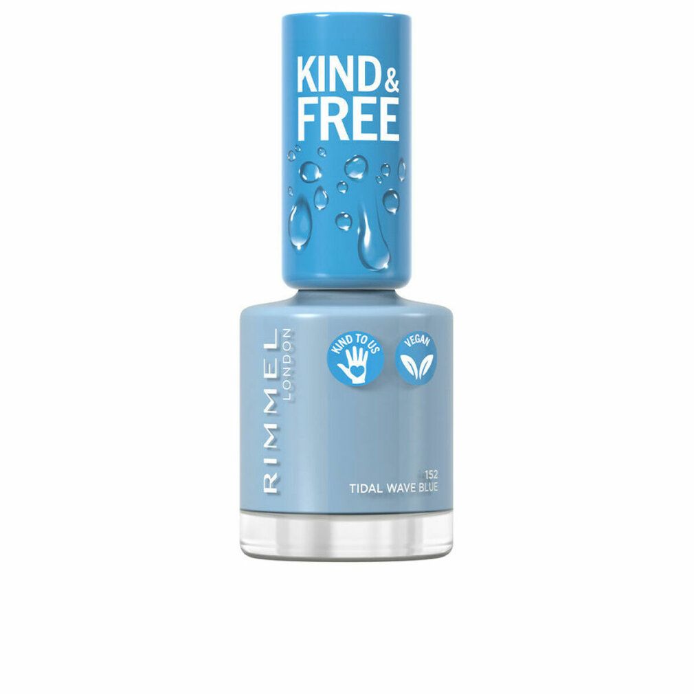Nagellackflasche, hellblau. Aufschrift: KIND & FREE, RIMMEL LONDON, VEGAN, 152 Tidal Wave Blue. Mit Tropfen-Design.