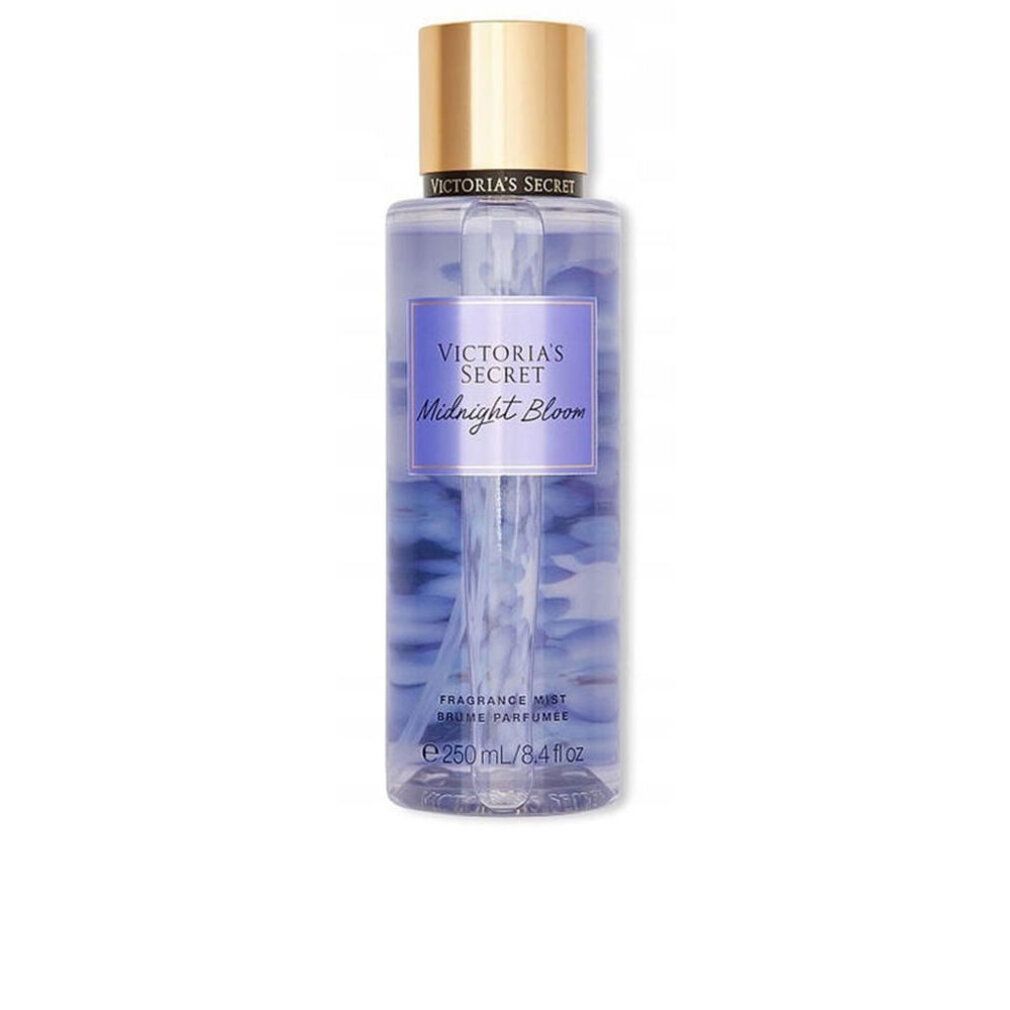 Victoria's Secret Midnight Bloom Körperspray, 250ml. Lila Flüssigkeit in transparenter Flasche mit goldenem Verschluss.