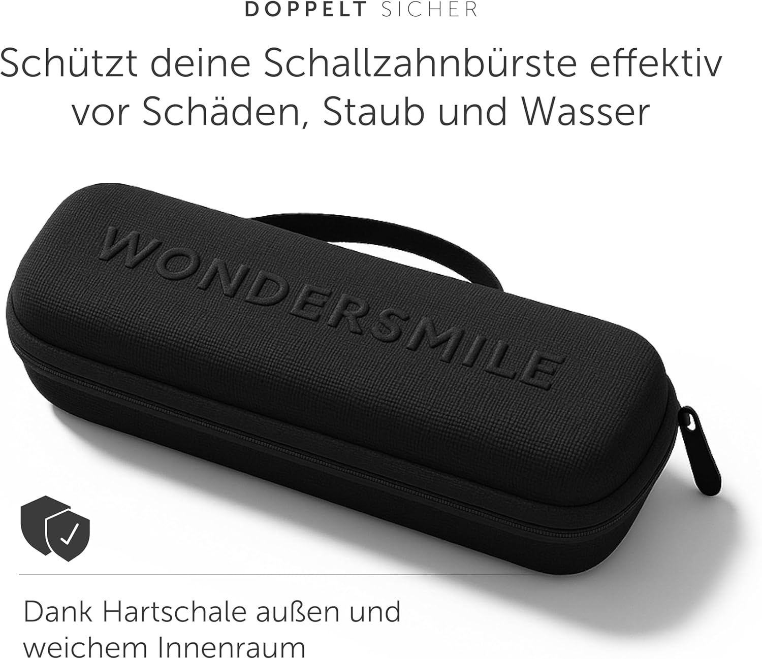 Schwarzes, längliches Etui mit Reißverschluss und Tragegriff. Geprägter Schriftzug: Wondersmile. Text: Doppelt sicher.