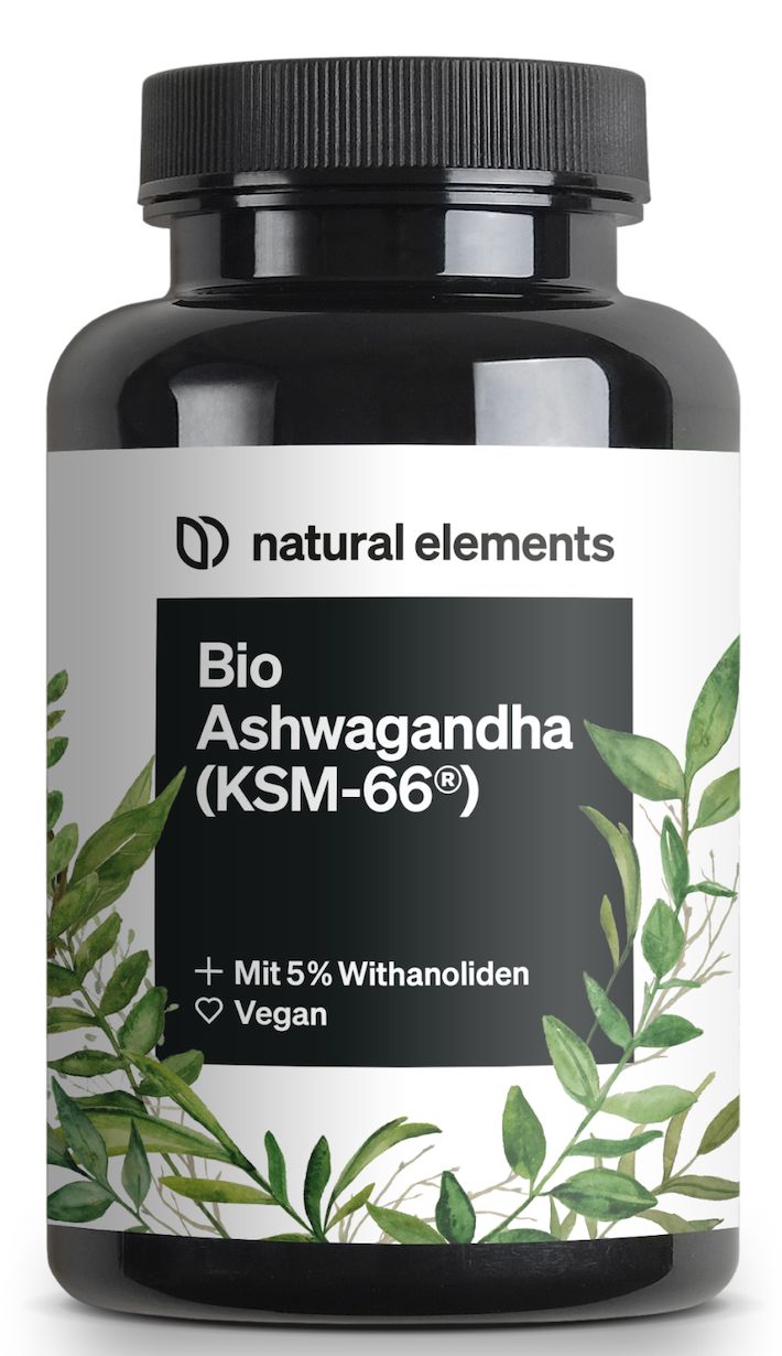 Braune Flasche mit schwarzem Deckel. Text: Bio Ashwagandha (KSM-66). 5% Withanoliden, vegan.