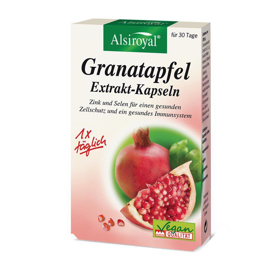 Verpackung mit "Alsiroyal Granatapfel Extrakt-Kapseln". Abbildung von Granatapfel und Kernen. Vegan-Qualität.
