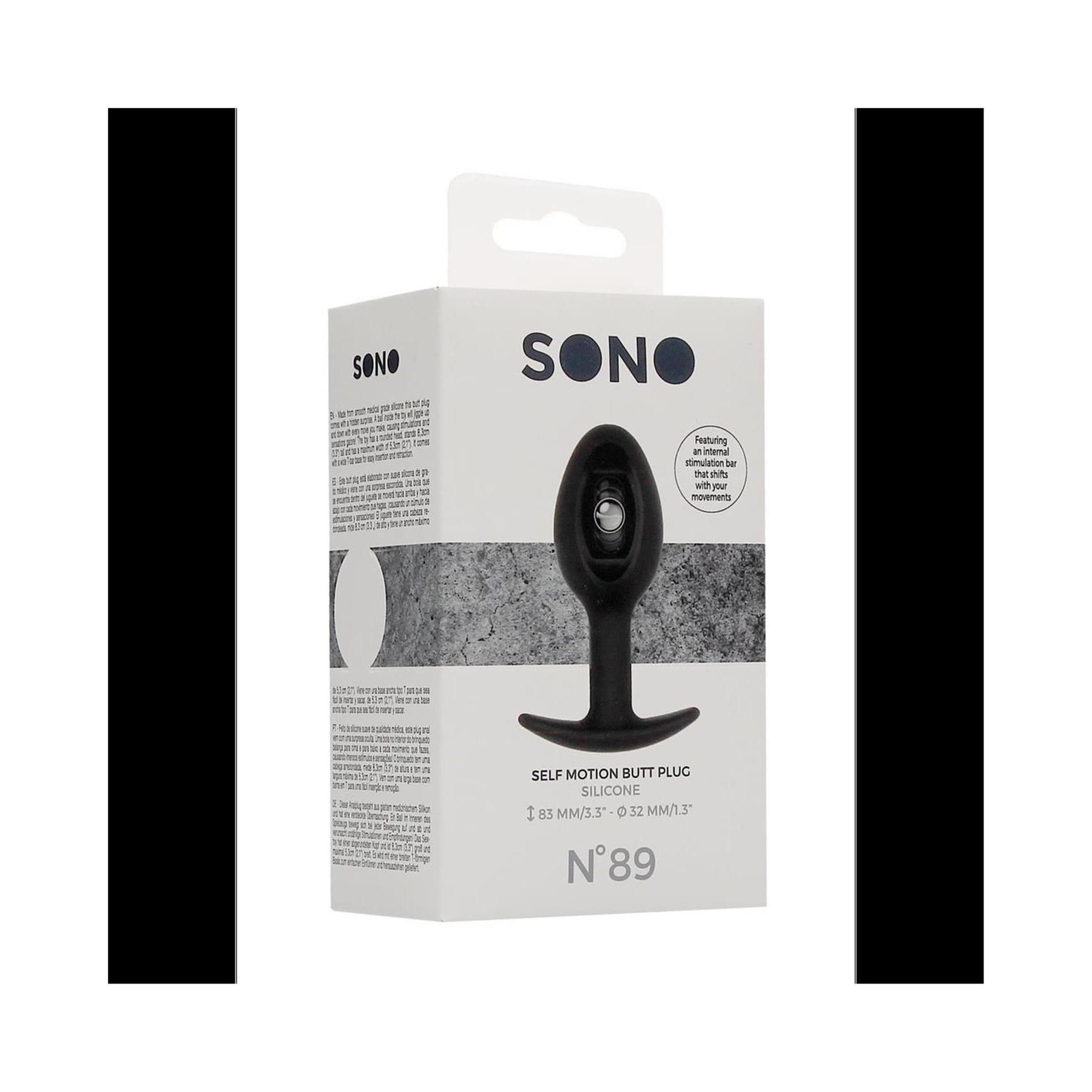 Verpackung von Sono by Shots - No.89. Schwarzer Butt Plug im Karton. Text: SELF MOTION BUTT PLUG, N°89.
