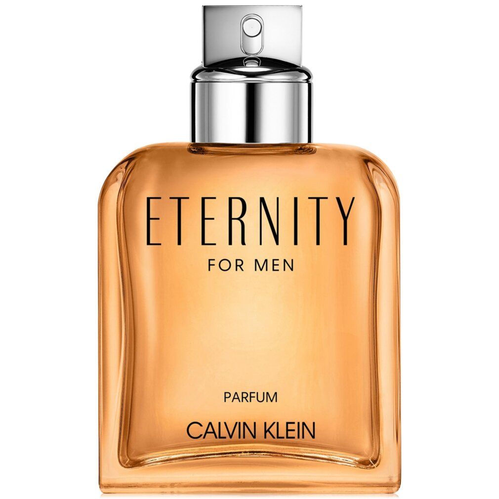 Parfümflakon mit silbernem Verschluss. Schriftzug "ETERNITY FOR MEN" und "CALVIN KLEIN". Flüssigkeit bernsteinfarben.