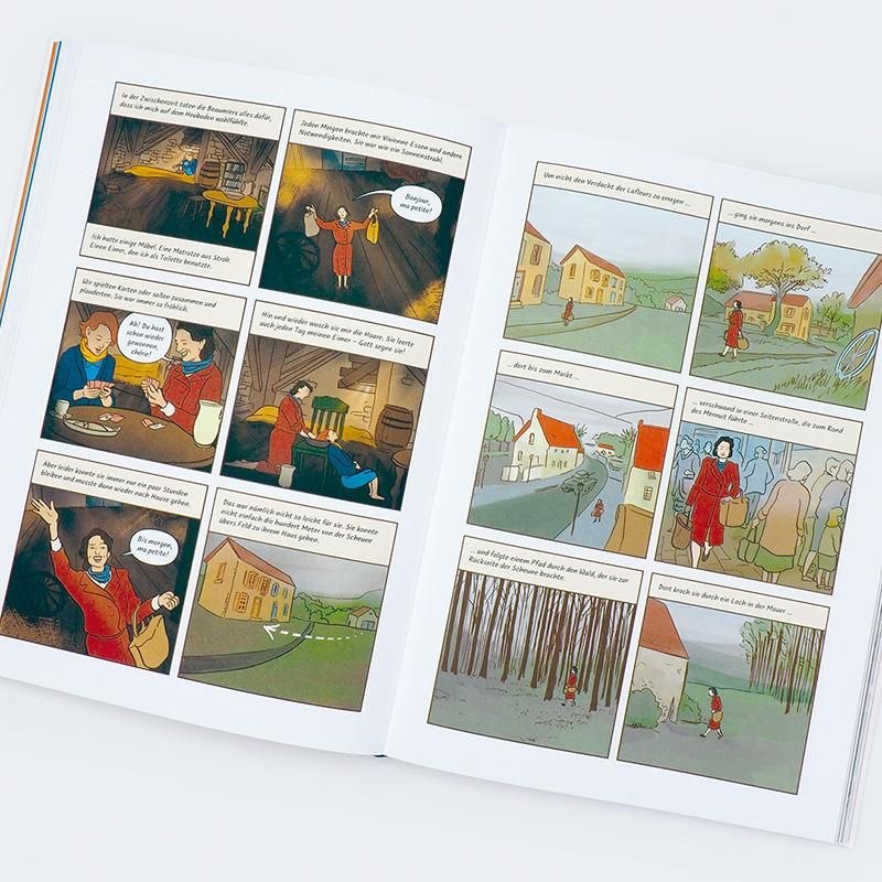 Graphic Novel, offene Doppelseite mit Comic-Panels. Szenen mit Personen in verschiedenen Umgebungen.