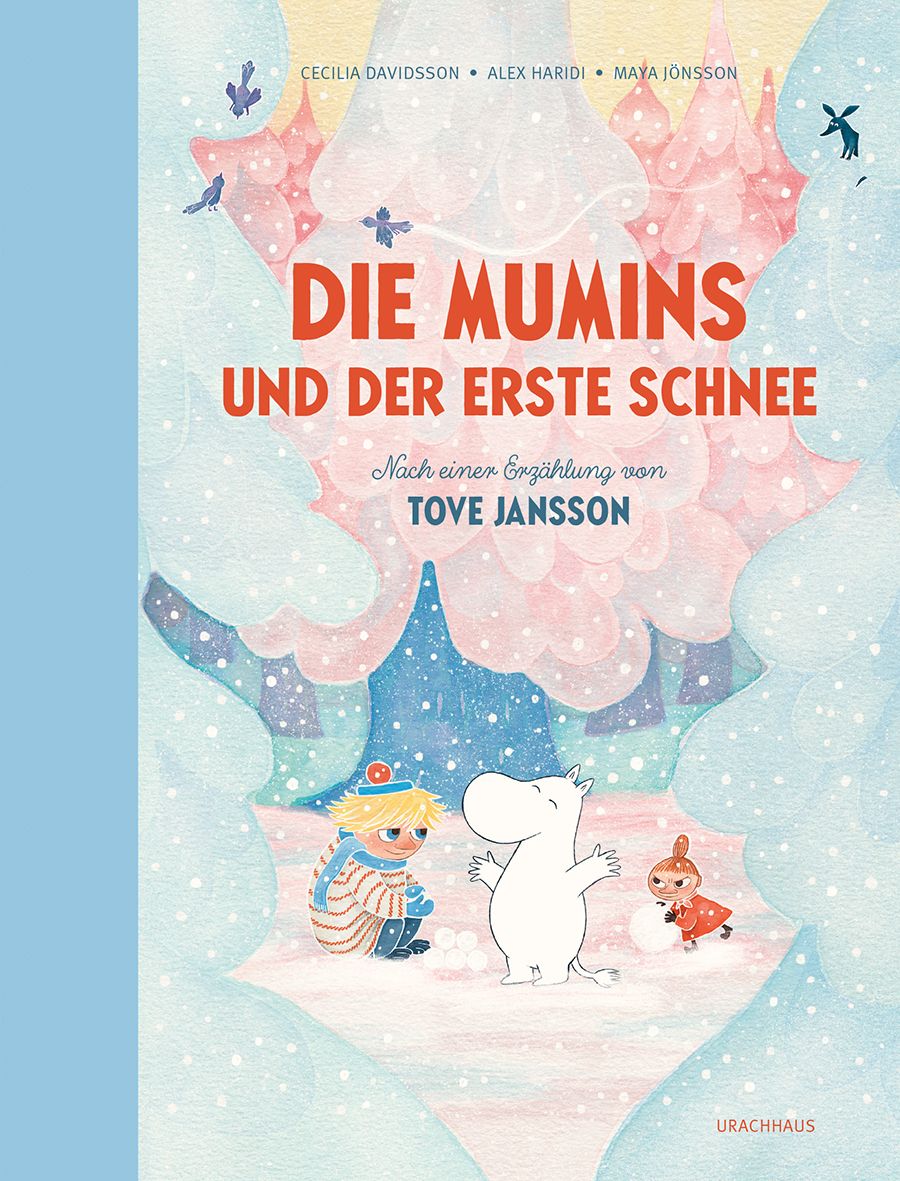 Buchcover mit Titel "Die Mumins und der erste Schnee". Illustration von Figuren im Schnee. Autoren: Cecilia Davidsson, Alex Haridi, Maya Jönsson, Tove Jansson.