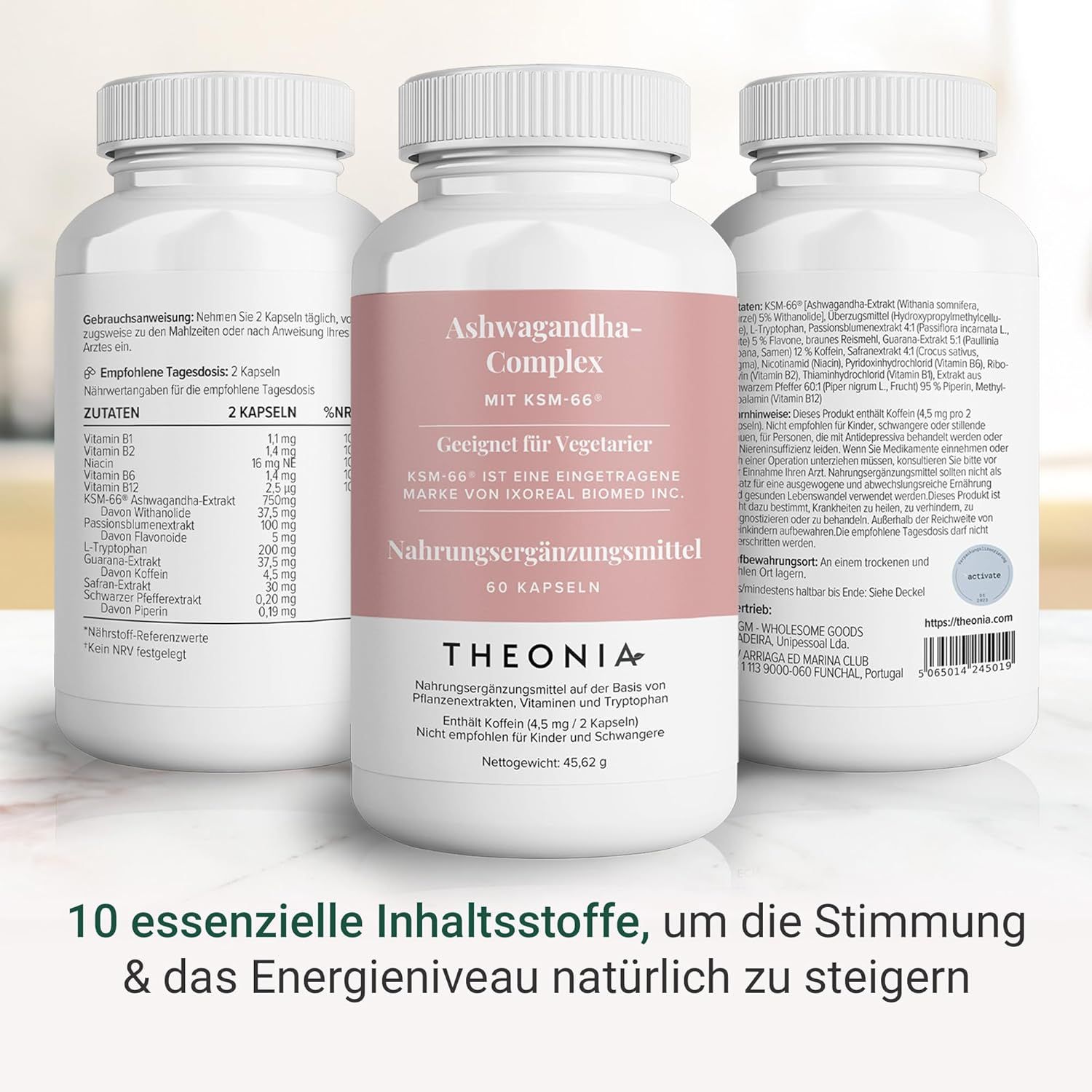 Drei weiße Flaschen. Mittlere Flasche: Ashwagandha-Complex, 60 Kapseln, Theonia. Text: 10 essentielle Inhaltsstoffe, um die Stimmung & das Energieniveau natürlich zu steigern.