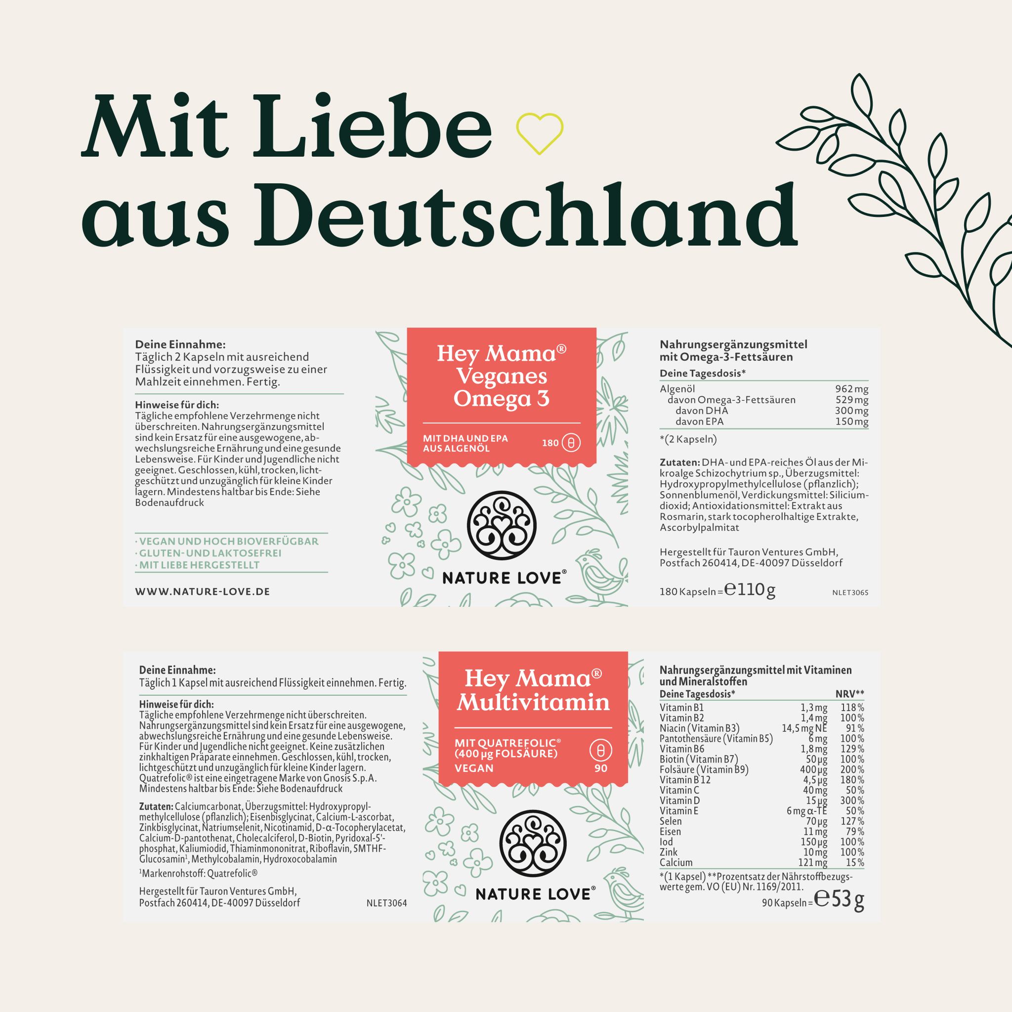 Rückseite der NATURE LOVE® Hey Mama®-Produkte. Etiketten mit Nährwertangaben und Inhaltsstoffen. Text auf Deutsch.