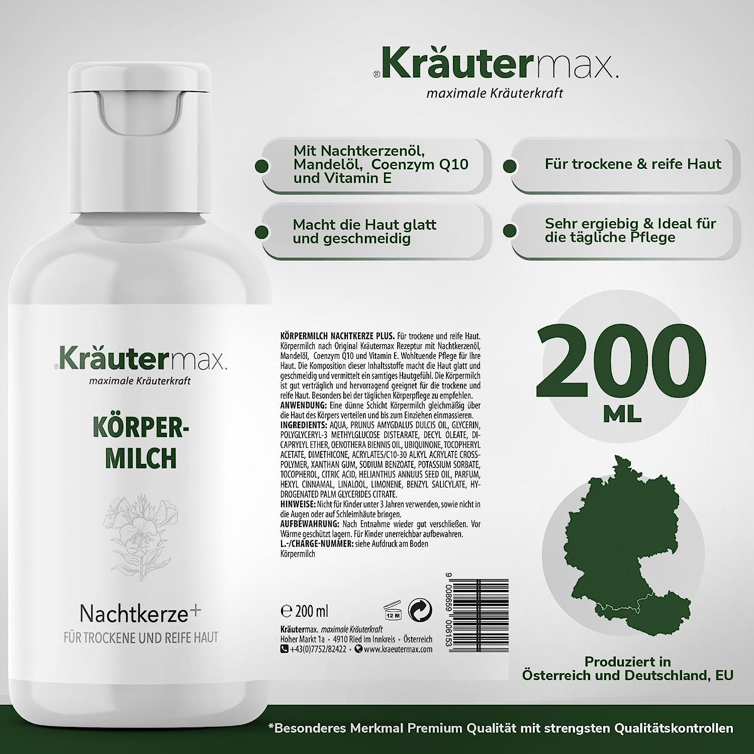 Weiße Flasche mit Klappverschluss. Aufschrift: Körpermilch, Nachtkerze+. Text: 200 ml, Inhaltsstoffe, hergestellt in Österreich und Deutschland.